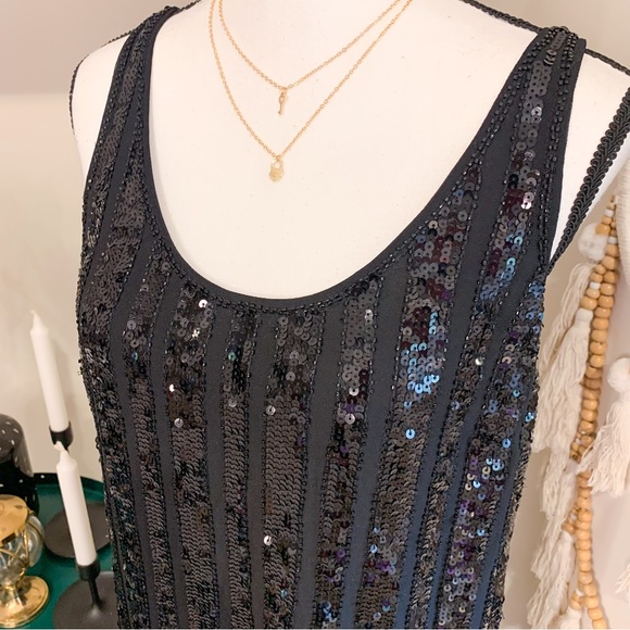 INC International Concepts Black Striped Sequins Silk Flapper Shift Tank Dress - Picture 2 of 5